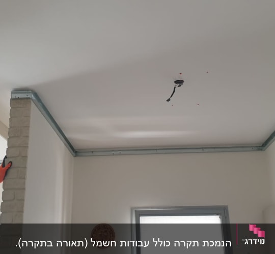 עובד מתקין לוחות גבס בתקרה עם מסגרת מתכת